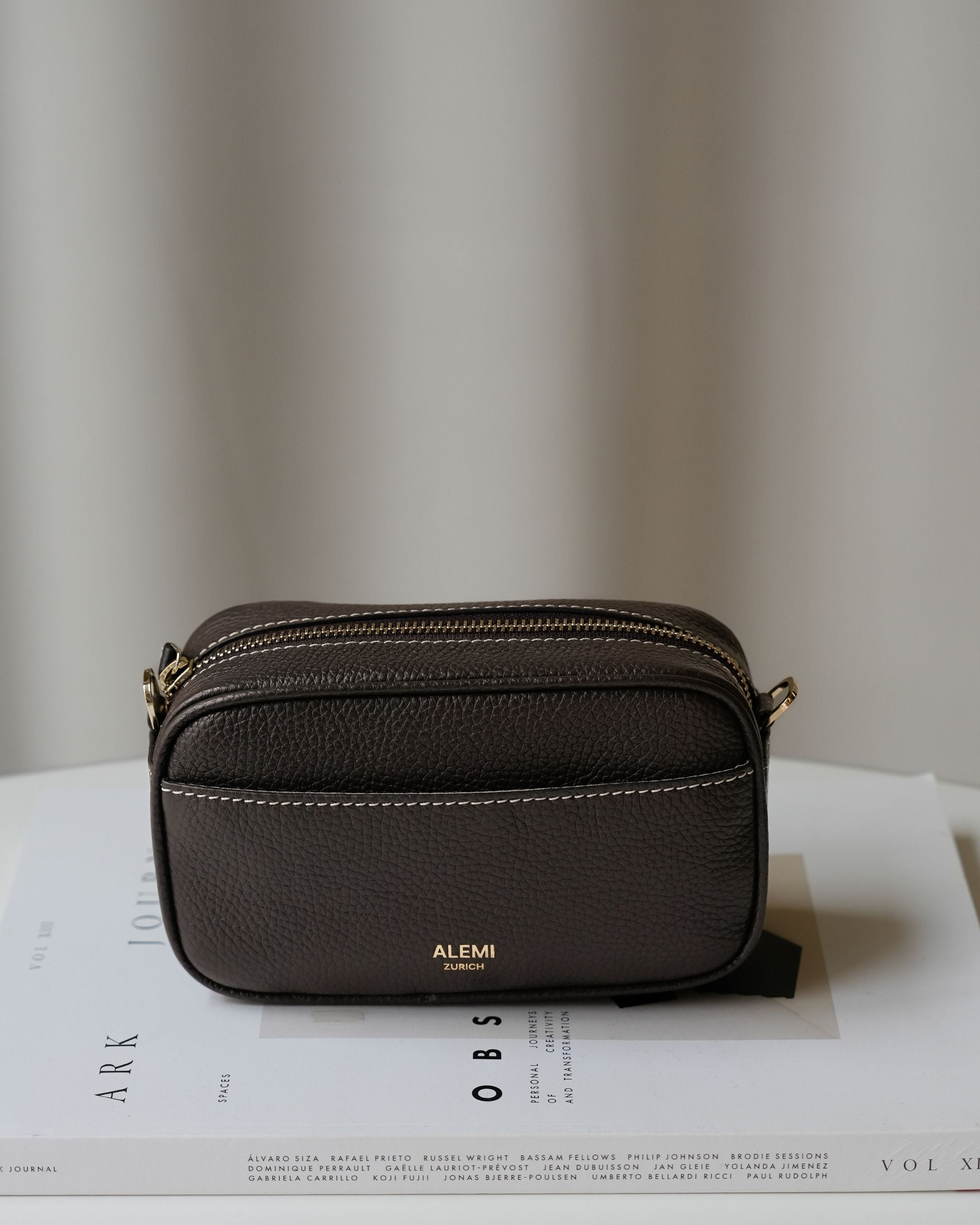 ALEMI Zurich | BELVOIR | Small Bag | Dark Brown Embossed | Soft Grain Leather | Bag lifestyle shot