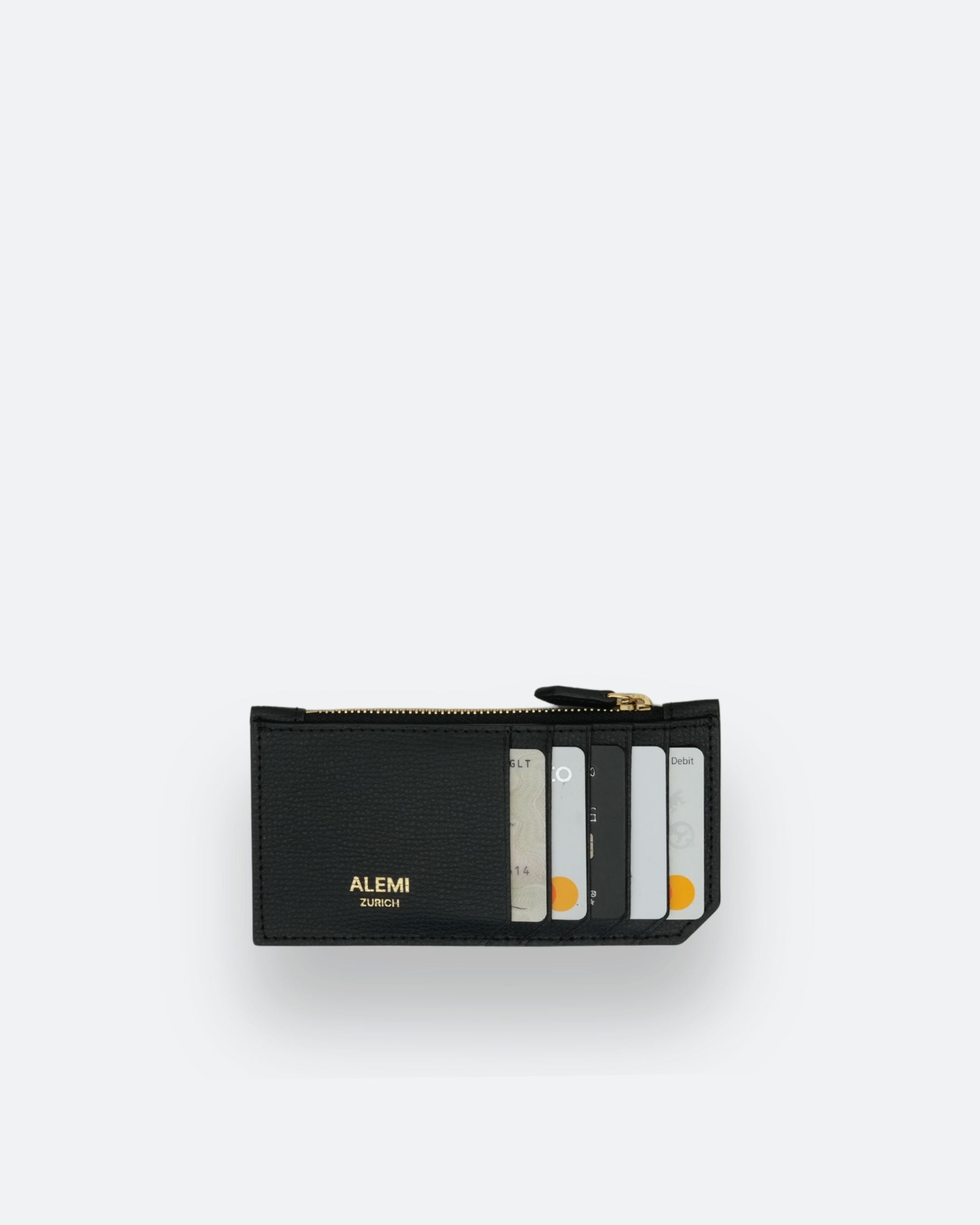 ALEMI Zurich | CARDHOLDER | Accessoires | Black | Pebbled Leather | Front with cards white