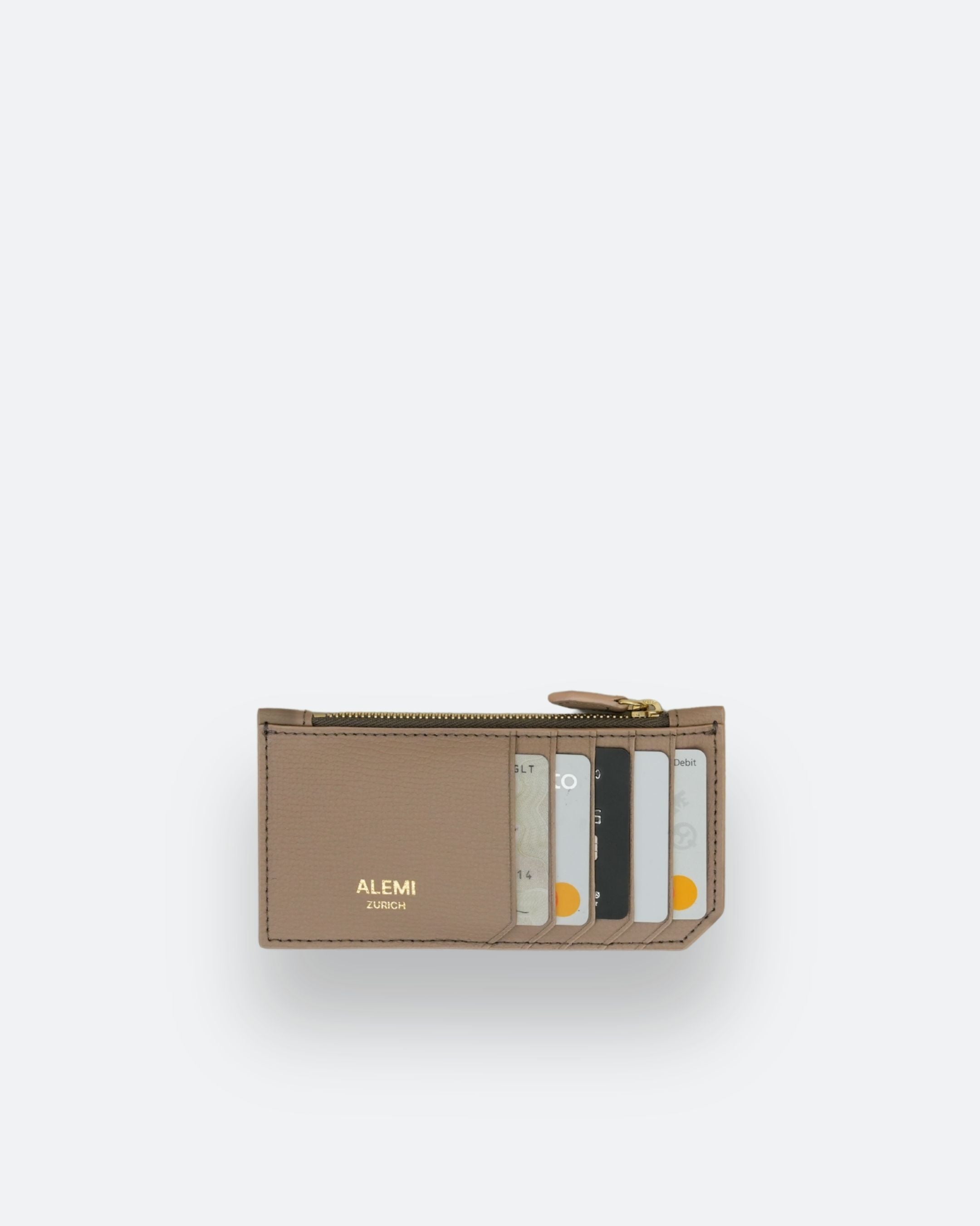 ALEMI Zurich | CARDHOLDER | Accessoires | Greige | Pebbled Leather | Front with cards white