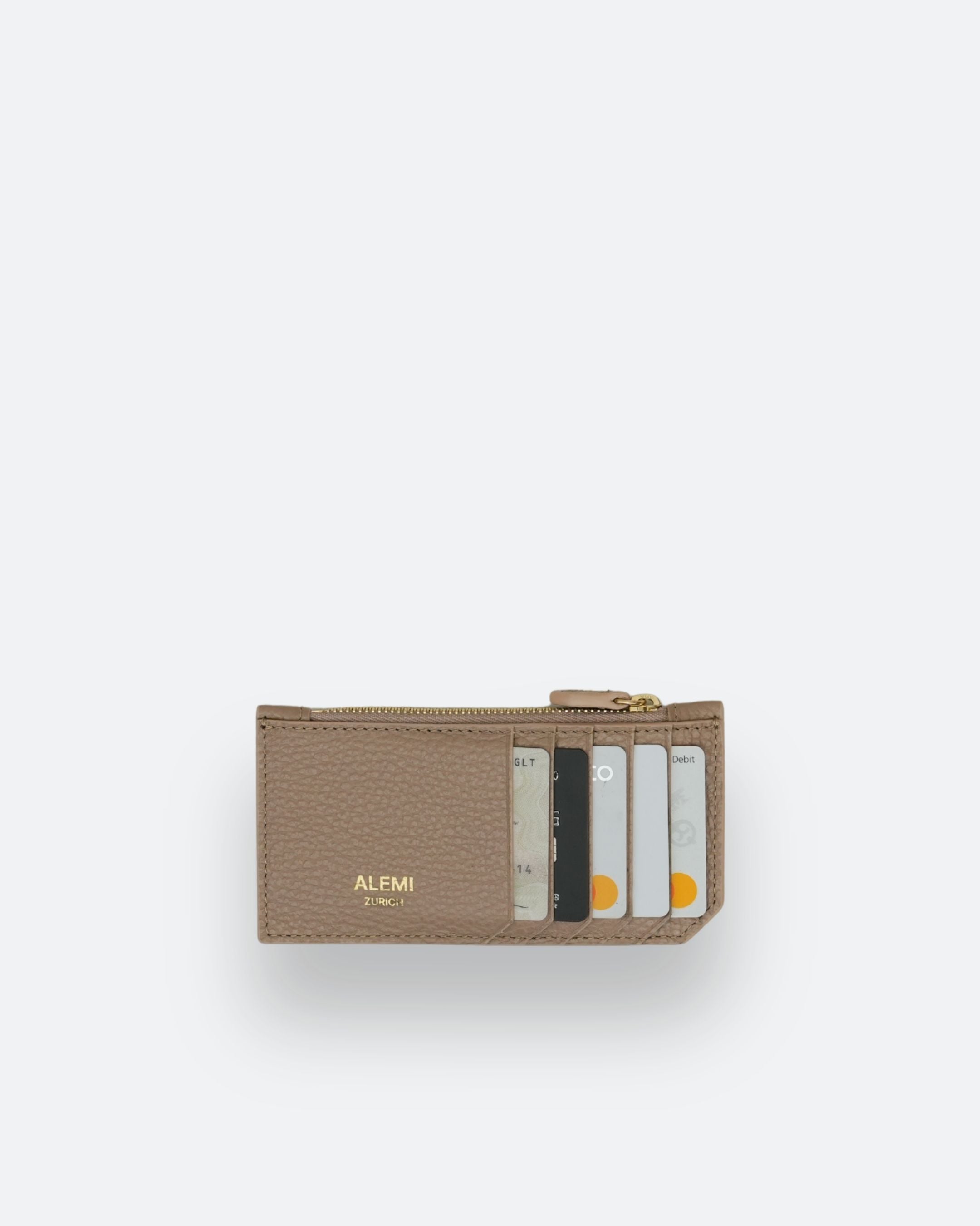 ALEMI Zurich | CARDHOLDER | Accessoires | Greige | Soft Grain Leather | Front with cards white