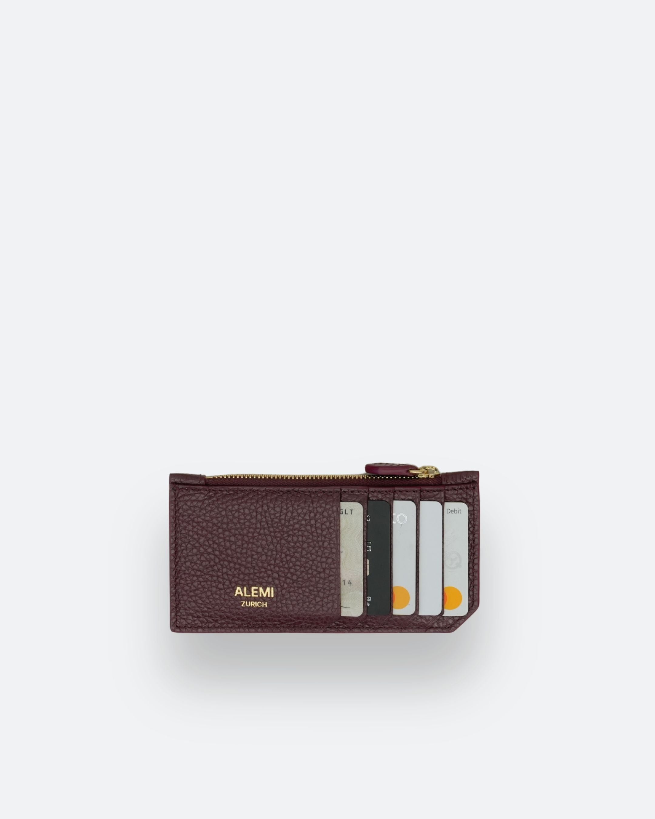 ALEMI Zurich | CARDHOLDER | Accessoires | Maroon Red | Soft Grain Leather | Front with cards white