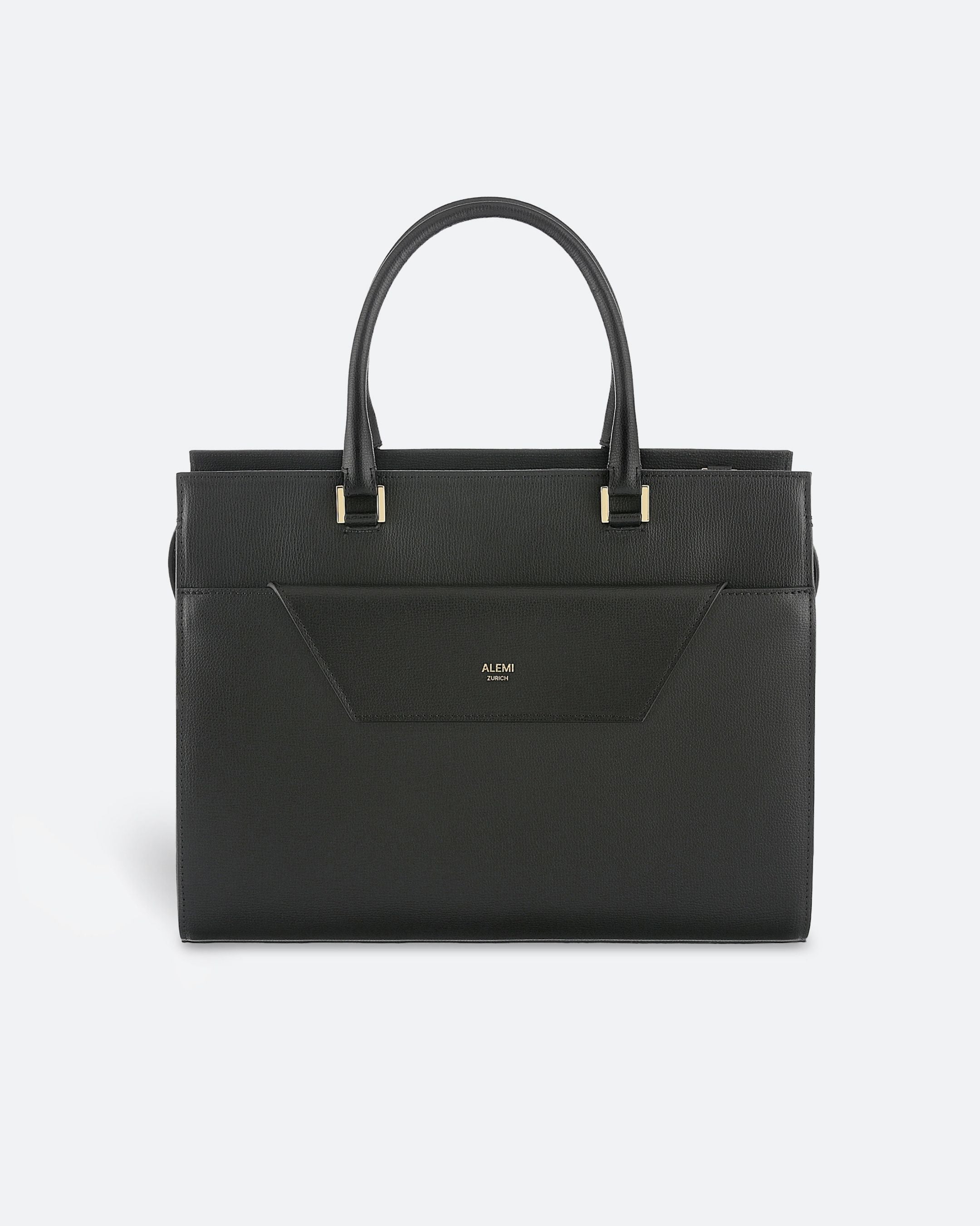 ALEMI Zurich | CENTRAL | Laptop Bag | Black | Pebbled Leather | Bag front