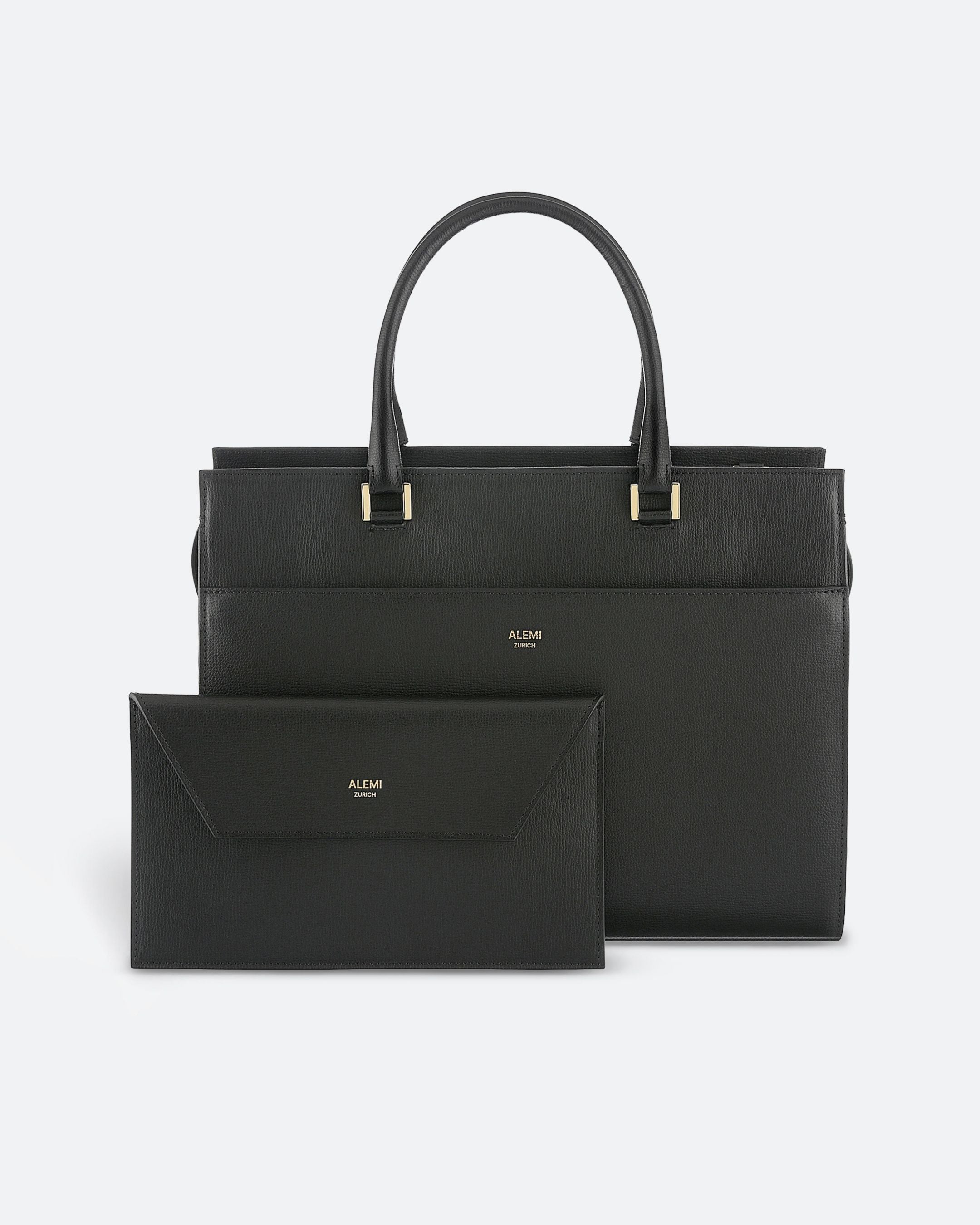 ALEMI Zurich | CENTRAL | Laptop Bag | Black | Pebbled Leather | Bag with Clutch