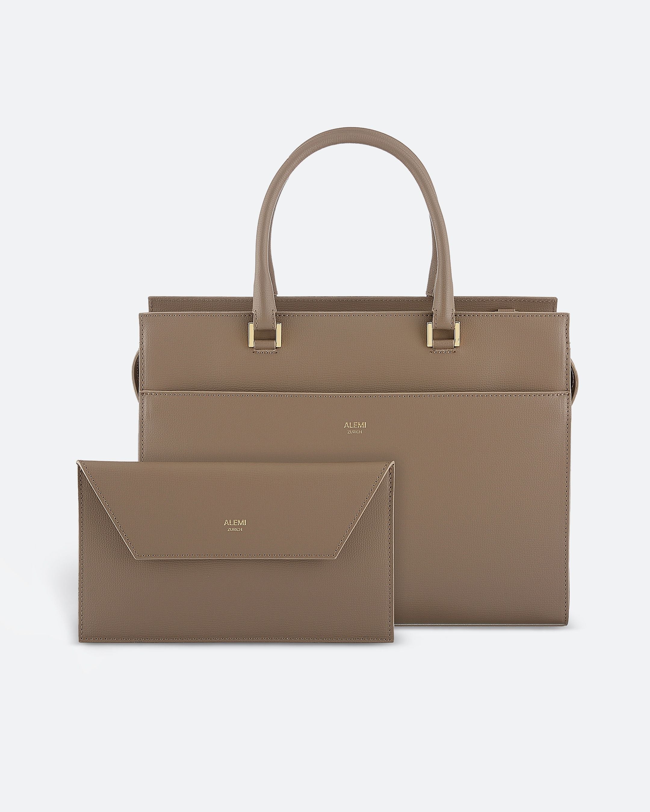 ALEMI Zurich | CENTRAL | Laptop Bag | Greige | Pebbled Leather | Bag with Clutch