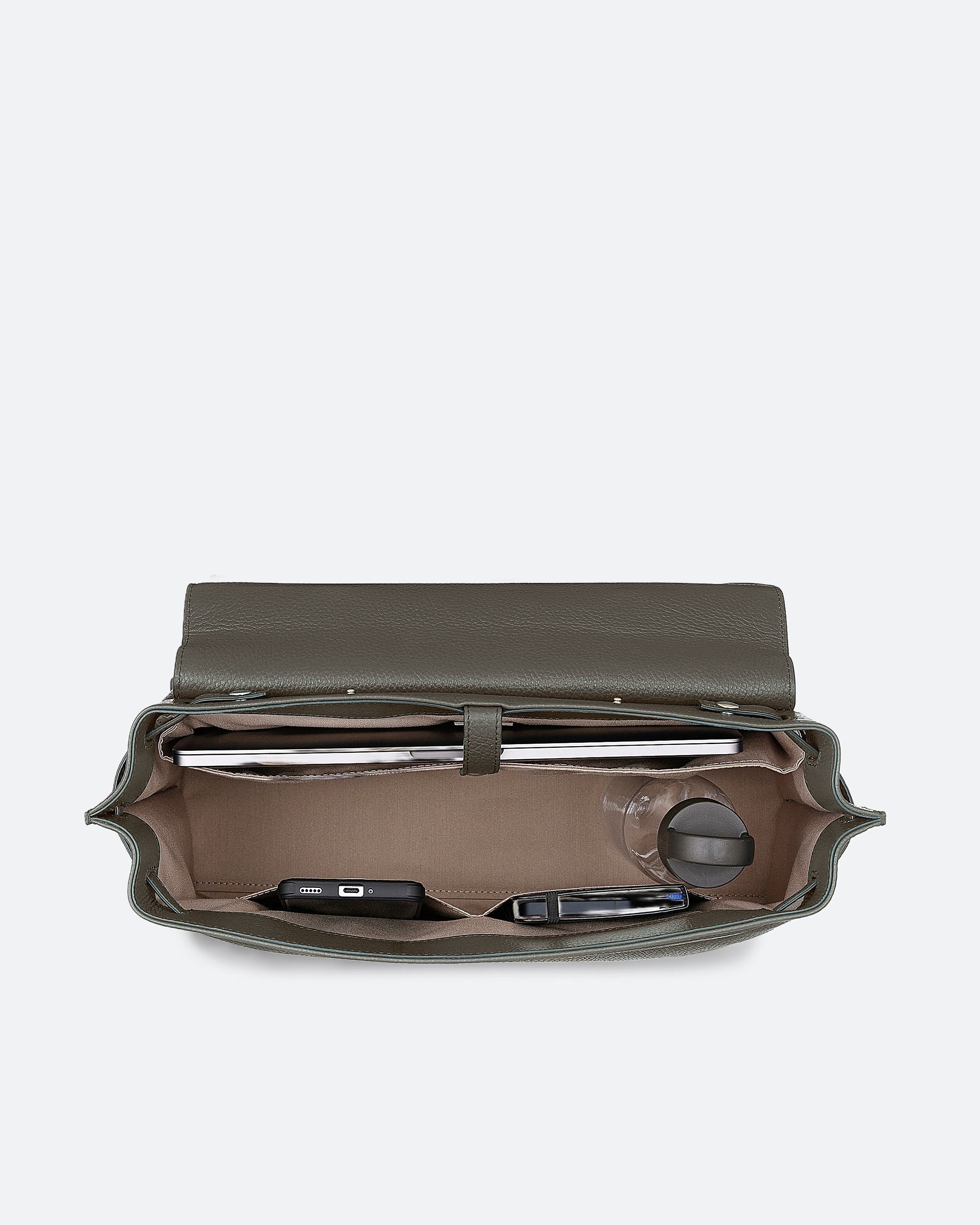 ALEMI Zurich | VIADUKT WORK | Laptop Bag | Olive Green | Soft Grain Leather | Bag inside