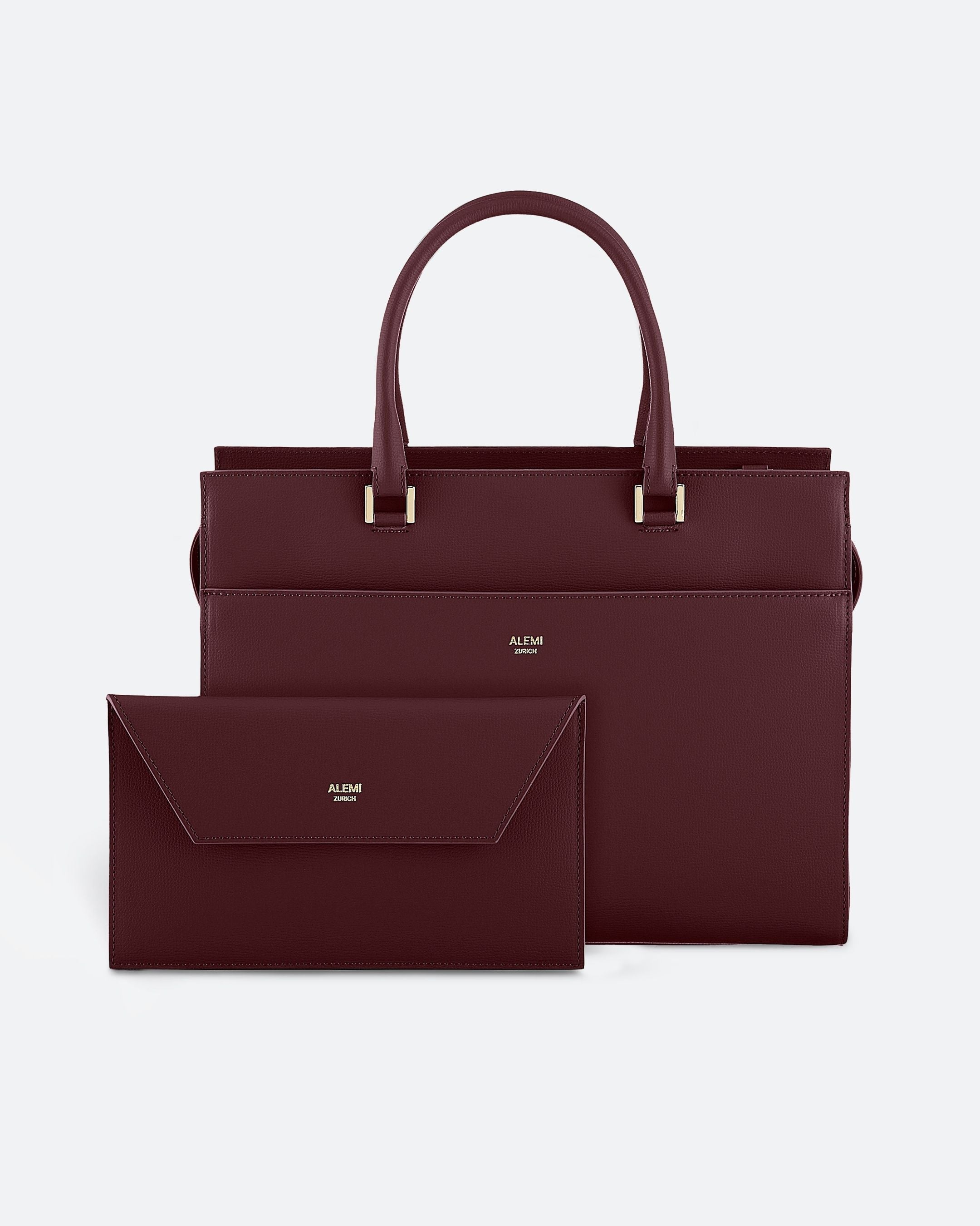 ALEMI Zurich | CENTRAL | Laptop Bag | Maroon Red | Pebbled Leather | Bag front with Clutch separately