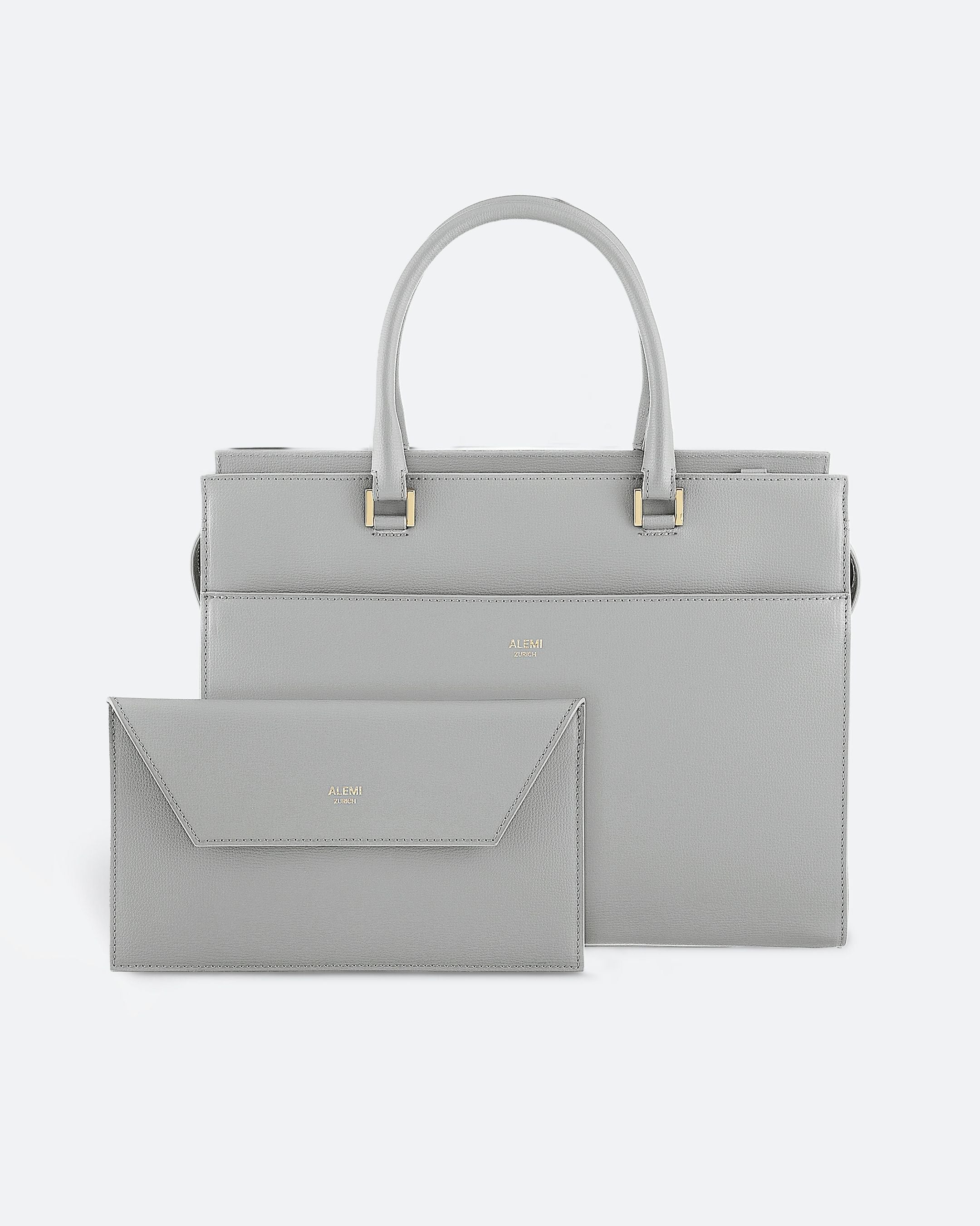 ALEMI Zurich | CENTRAL | Laptop Bag | Slate Gray | Pebbled Leather | Bag front with Clutch